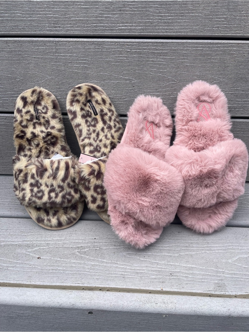 Victoria's Secret Slippers slides Faux Fur Leopard Blush Pink sz M 7-8 NEW Lot 2